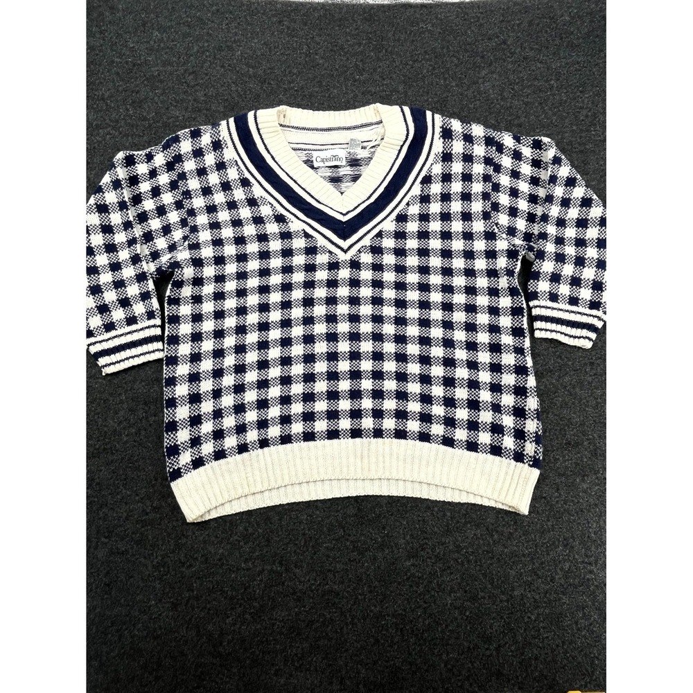 Vintage Capistrano 90s Sweater Women 2X Blue White Check Ramie Tight Knit V Neck